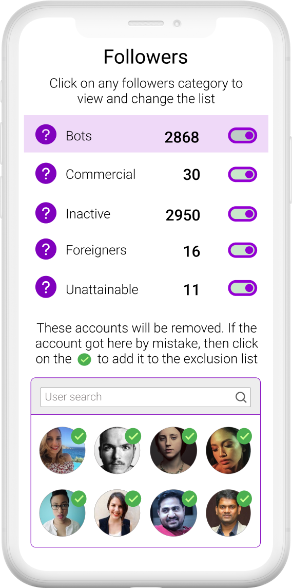 Spamguard dashboard showing detected bots, fake and other unwanted follower categories ready for removal